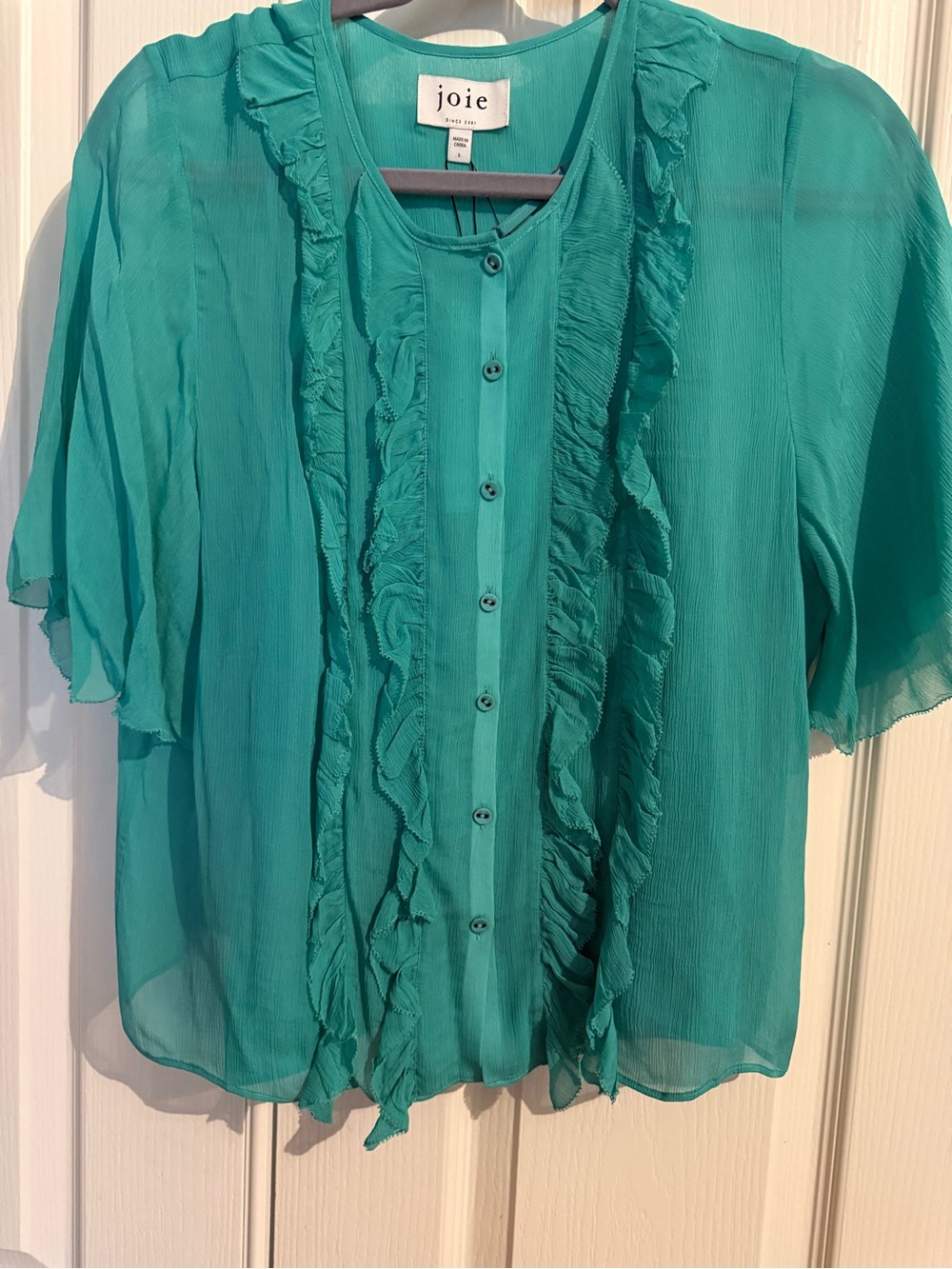 Joie Teal Ruffle Button-Front Blouse - Picture 2 of 5